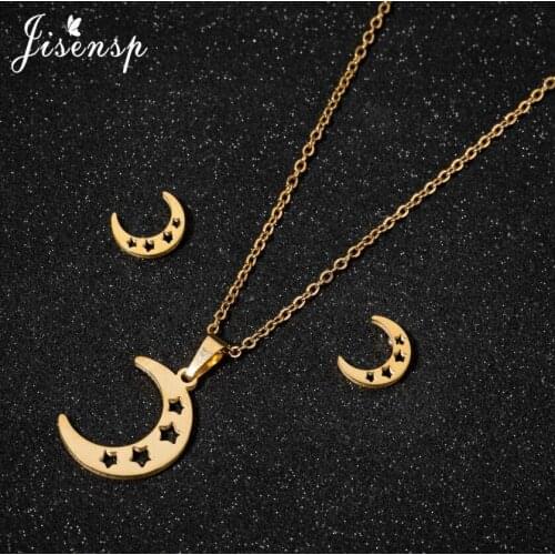 Jisensp Stainless Steel Jewelry Sets Simple Hollow Crescent Moon Star Necklace Earrings Set Women Fashion Jewelry New Year Gift