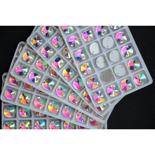 Wholesale Crystal AB Rivoli Sew On Stone Flatback 2holes 8,10,12,14,16,18mm Round Glass Sewing Crystal Beads Dress Making