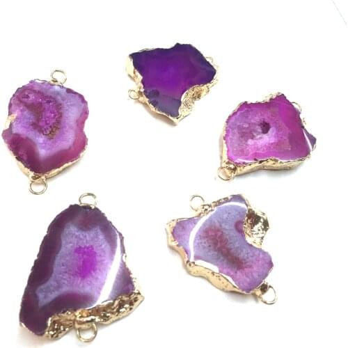 Natural Stone slice Agates Pendants Double hole connector for Jewelry Making DIY Necklaces Accessorie Size 25x30mm-25x40mm