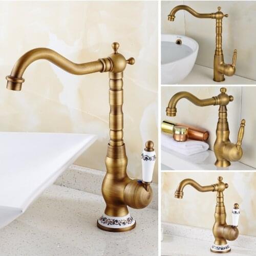 Brass European Retro Antique Cold Hot Water Basin Faucet Single Handle Ceramic Brass Carved Faucet BHEY1