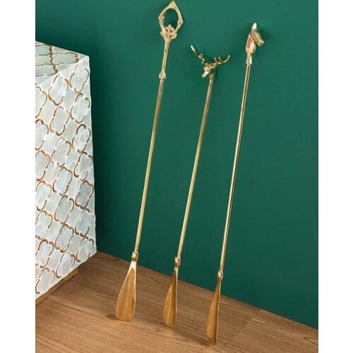 Brass Shoehorn European Retro Carved Long Handle Shoe Horn Home Hotel Entrance Decoration Cloakroom Adults Copper Shoe Lifter