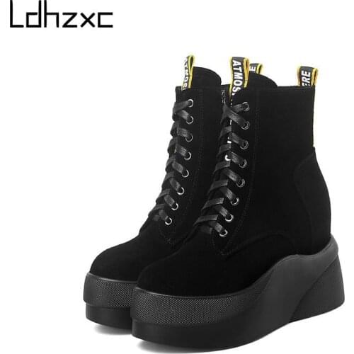 LDHZXC New Cow Suede Leather Boots Zip Platform Ankle Boots Round Toe Fashion Autumn Winter Boots Ladies Casual Shoes