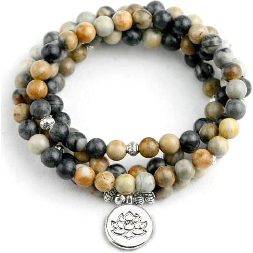 Multilayer Natural Picasso 6MM Beads Bracelet Tibetan Buddhist Mala Buddha Charm 108 Bracelet Yoga Rosary Stone For Women Men