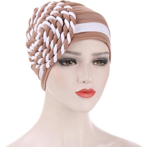 Fashion Muslim Two Color Braid Hijab Bonnet Women Indian Chemo Cap Islamic Headband Turban Femme Musulman Islamic Headscarf Hat