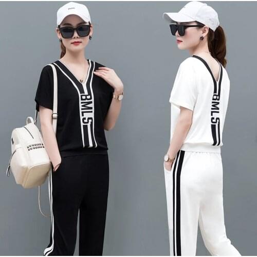 Fashion sports suit Female summer New Large size Leisure Running tracksuit for women Youth clothing Short sleeve two piece set