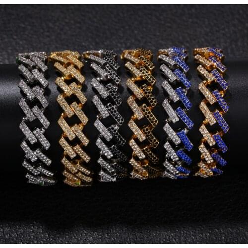 15mm Hip Hop Men Gold Color Ice Out Cuban Braclete Crystal Miami Braclete Chain Hip Hop For Men