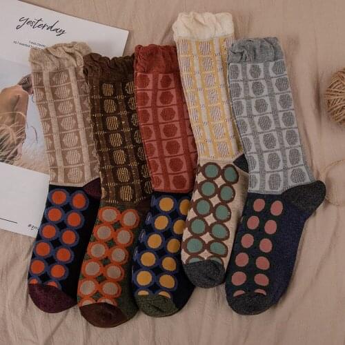 Novelty Fashion Woman Socks Polka Dot Harajuku Retro High Socks Japanese Korean Knitting Cotton Loose Long Socks High Quality