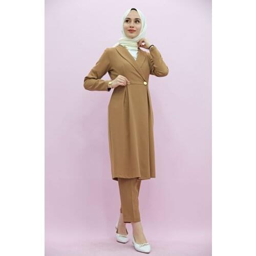New Season Summer Trend Muslim Dress Double Breasted Collar Suit Tan