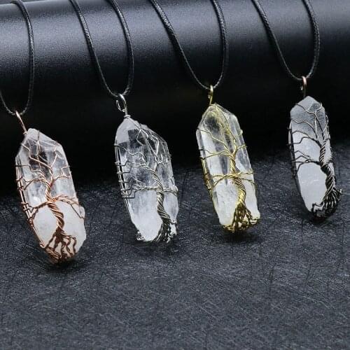 Big Natural Clear Quartz Necklace Women Men Wire Wrap Tree Irregular Hexagonal Pendulum Pendant White Crystal Necklace Healing