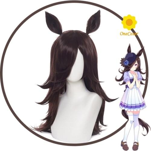 Game Uma Musume Pretty Derby Rice Shower Cosplay Wig Dark Brown Hair with Ears Heat-resistant Fiber Hair + Wig Cap Halloween