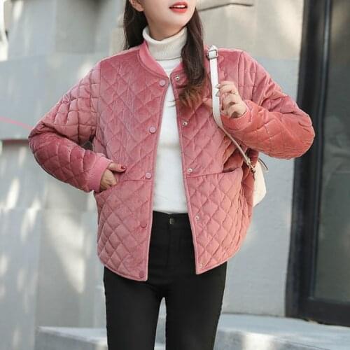 Autumn Winter Women Lightweight Velvet Parkas Basic Jackets Female Rhombus Button Cotton Padded Coats Lady Warm Solid Outwear