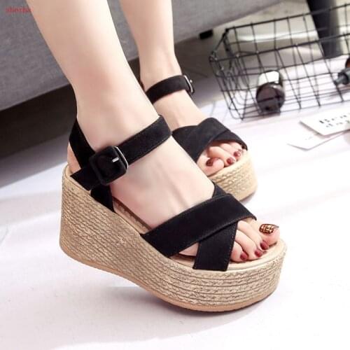 Women Sandals Summer Platform Sandals High Heels Shoes Ankle Strap Ladies Sandals Wedge Casual Footwear Black