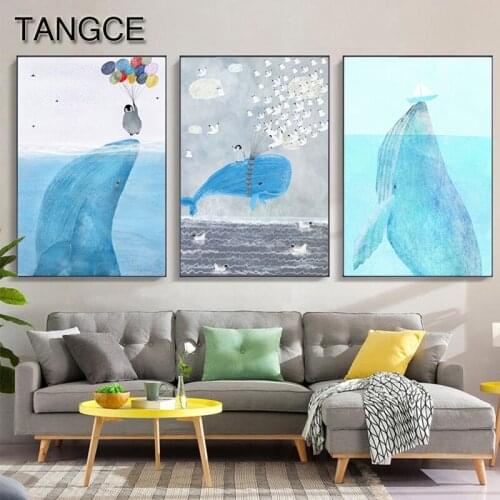 Nordic Sea Whale Series Canvas Painting Lovely Wall Art for Living Room Bedroom Aisle HD Cuadros Salon Cartoon Blue Poster Print