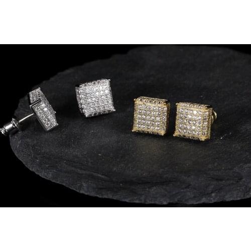 Hip HOP 1Pair CZ Zircon Square Bling Iced Out Micro Full Paved Rhinestone Stud Earring Gold Copper Earrings For Men Jewelry