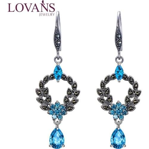 LOVANS Vintage Silver Earrings Dangle Drop Women Earrings With Sapphire For Wedding Party Anniversay Jewelry Gifts