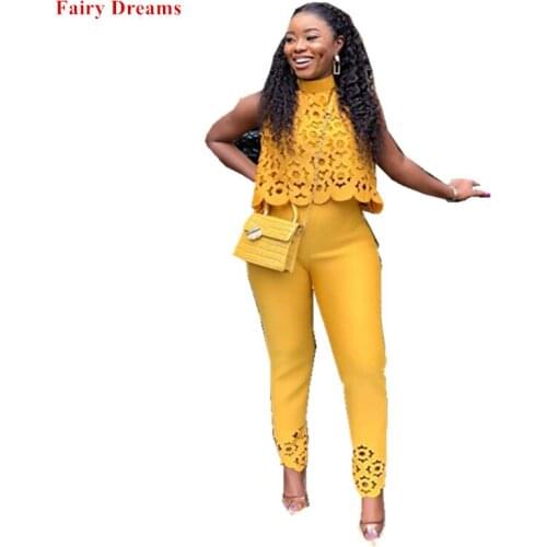Women African Clothing Mujer Vestido Hollow Out 2 Piece Set Sleeveless Top And Pants Summer Suits Red Yellow Vest Trousers 2020