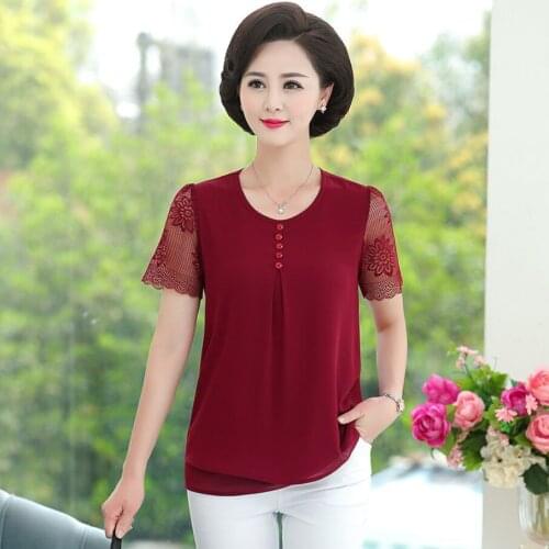 Womens Summer Short Sleeve Chiffon Shirt Mothers T-Shirt Middle-Aged Womens Top