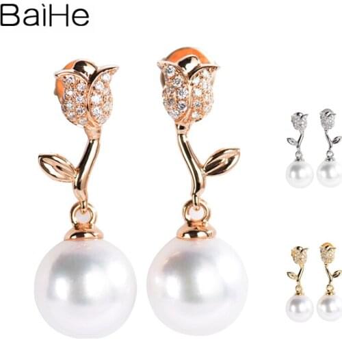 BAIHE Solid 14K Rose/Yellow/White Gold 8-8.5mm Freshwater Pearl Cерьги 0.14ct Diamonds Fine Jewelry Flower Leaf Earrings Women