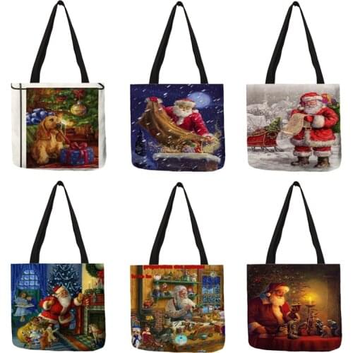 Unique Printing Women Handbags Merry Christmas Santa Claus Gifts Tote Bags Eco Linen Reusable Shopping Travel Bags