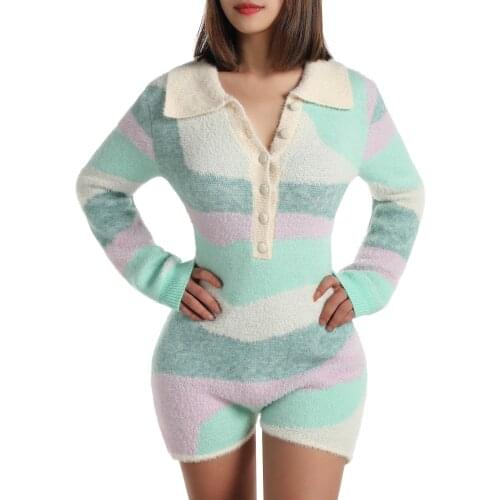 Women Color Block Homewear Adults Button-down Long Sleeve Turn-down Collar Playsuit