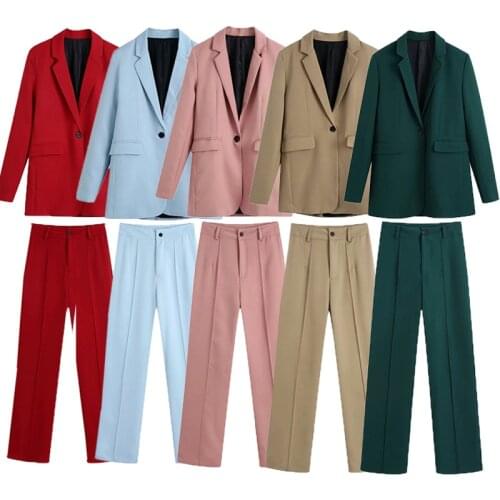 Za Womens Blazers Set Green Office Formal Jacket Ladies Outwear Long Sleeves Outfit Workwear Solid Two Piece Single Button Coat