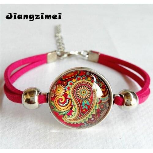 1pc (6 styles can be choose) Bandanna Paisley Mandala Flower silver bracelets Mandala Flower Art Glass Round Dome bracelet