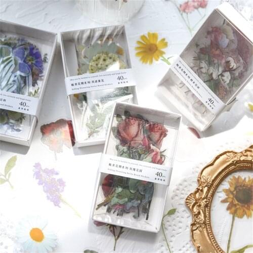 40pcs/box Flower Series Stickers Vintage Self-adhesive PET Stickers DIY Scrapbooking Hand Account Decorations Kawaii Stationery