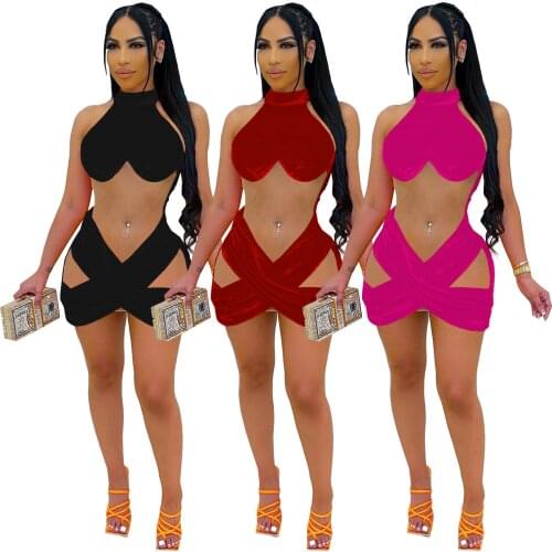 Echoine Turtleneck Velvet Sheer Mesh Patcwork Mini Dress Sexy See Through Wrap Cross Party Club Outfits Hollow Out Sundress