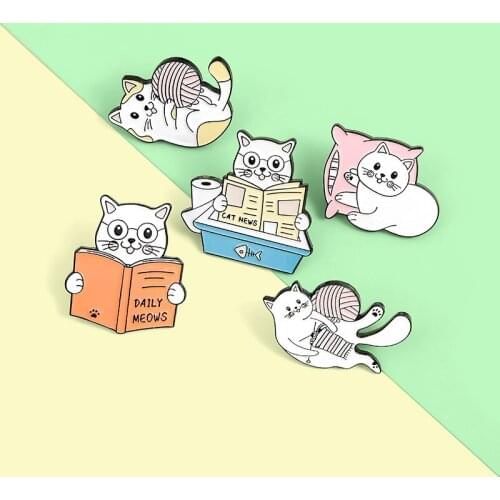 Cat Reading Books Enamel Pin Cute Playing Ball Brooch Bag Clothes Lapel Pin Sasha Away Badge Cartoon Jewelry Gift For Kids