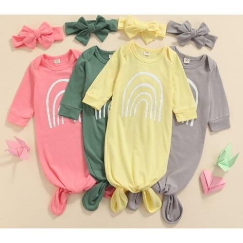 FOCUSNORM 4 Colors Newborn Baby Girls Boys Sleeping Bag Headband 2pcs Rainbow Printed Long Sleeve Blanket Outfits 0-3M