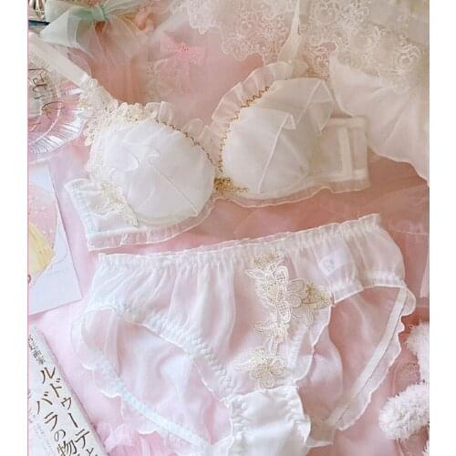 Wriufred Underwear fairy girl gold silk flower underwire push up lingerie sets lace thin white large size bra panties set