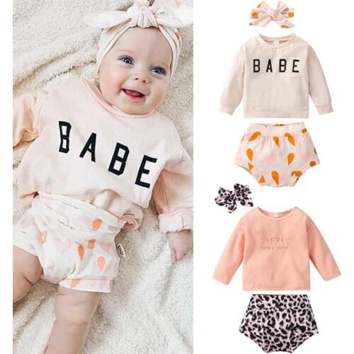 Infant Newborn Baby Girl Spring Autumn Clothes Sets Letter Long Sleeve Top+Leopard/Heart Print Shorts+Headband 3PCs Outfits