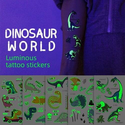 Lovely Dinosaur Water Transfer Waterproof Temporary Luminous Tattoo Stickers For Children Halloween Party Fake Tattoos