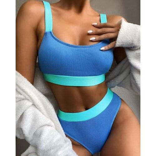 New High Waist Bikinis Set 2021 Summer Womens Bandeau Swimsuit Splicing Swimwear Sports Biquini Ribbed Bathing Suit Beach Wear
