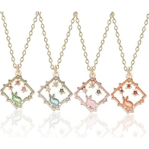 Diy Cartoon Starry Sky Rabbit Charm Pendant Necklace Gold Enamel Frame Star Bunny Pendants Necklaces Lovely Animal Jewelry Colar