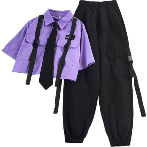 2021 Autumn Streetwear Pants High-waist Straight Ribbon Cargo Pants Student Loose Short-sleeved Shirt With Tie Two-piece Set