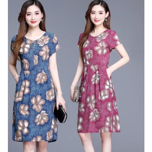 Dresses for Women 2021 New Summer Womens Middle Aged Loose Female Flower Print Short Sleeve Dress Vestidos Plus Size Y335