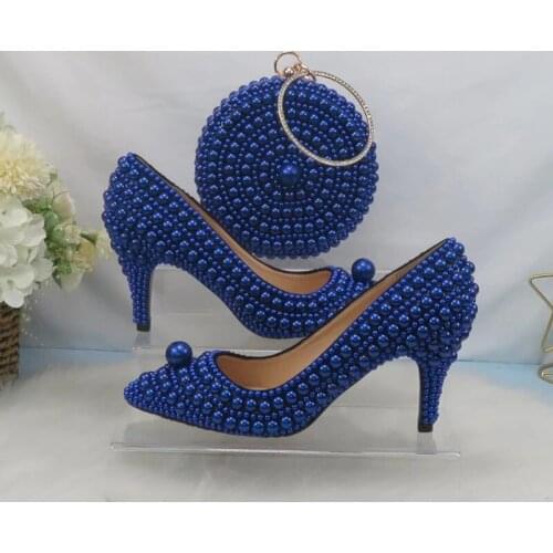 Royal Blue Pearl Pumps Women Wedding Shoes With bag Set Thin High Heels Pointed Toe Bridesmaid Party Dress Shoes and Handbag