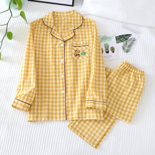 Spring/Autumn New Cardigan Milk Silk Women Pajamas Set Yellow Plaid Loose Large Size Homewear Fashion Simple Womens Pajamas Set