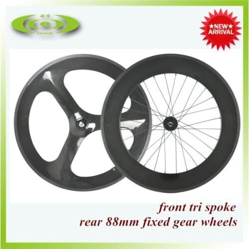 High quality front tri spoke carbon wheels rear 88mm fixed gear wheelset clincher 3spoke wheelset with free Shipping