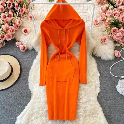 YornMona 2021 Autumn Knitted Midi Dress Women Long Sleeve Casual Drawstring Hooded Knit Bodycon Dress Streetwear Ladies Dresses
