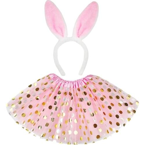 Little Girls Role Play Rabbit Costume Polka Dot Gold Sequins Tutu Skirt with Bunny Ears Headband Cute Party Cosplay Mini Skirt