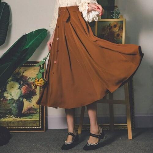 Women Spring Fall Mid-Calf High Waist A-line Skirts Draped Elegant Vintage Solid British Romantic Button Sash New Female Faldas