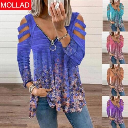 2021 Autumn and Winter European and American Womens Clothing V-neck Small Floral Long-Sleeve Zipper Loose-Fitting T-shirt Top