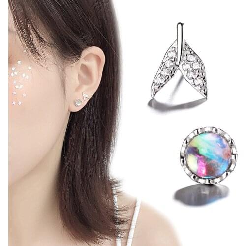 Moonlight Stone Fish Tail Mermaid Stud Earring for Girl Creative Design Cute Earrings Women Jewelry silver color Christmas Gifts