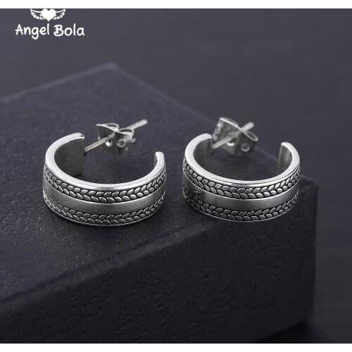 Ancient Silver Color Geometric Oval Stud Earring Punk Craved Wheat Ears Buddha Earrings for Women Vintage Earring Brinco