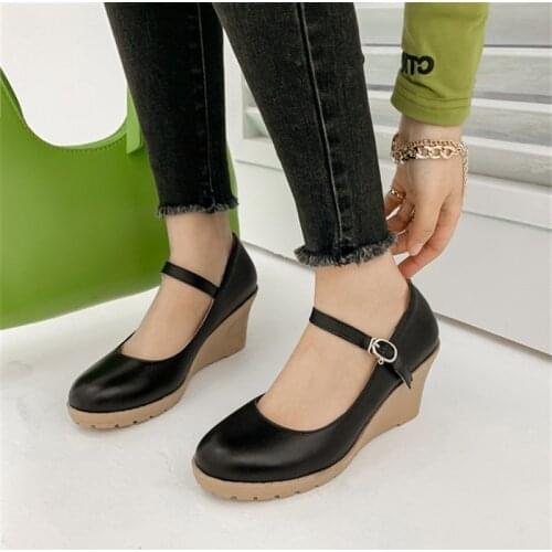 PXELENA 2020 Concise Women Wedge High Heels Shoes Ankle Strap Round Toe Black White Office Lady Daily Work Pumps Plus Size 34-43