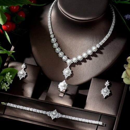 HIBRIDE Exquisite Wedding Design Leaf Shape Earring Necklace Jewelry Set Cubic Zirconia Brincos for Women collares de modaN-1325