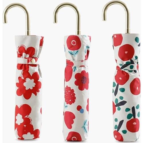 Fashion Flowers Sun Umbrella UV Protection Folding Rain Umbrella Women Curved Handle 6K UPF50+ Summer Parasol Umbrella Girls