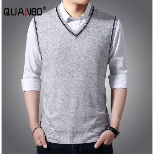QUANBO Mens Cashmere Wool Blended Vest Sweater Men Fashion Stripes Slim Fit V Neck Sleeveless Knitted Vest Pullover Brand